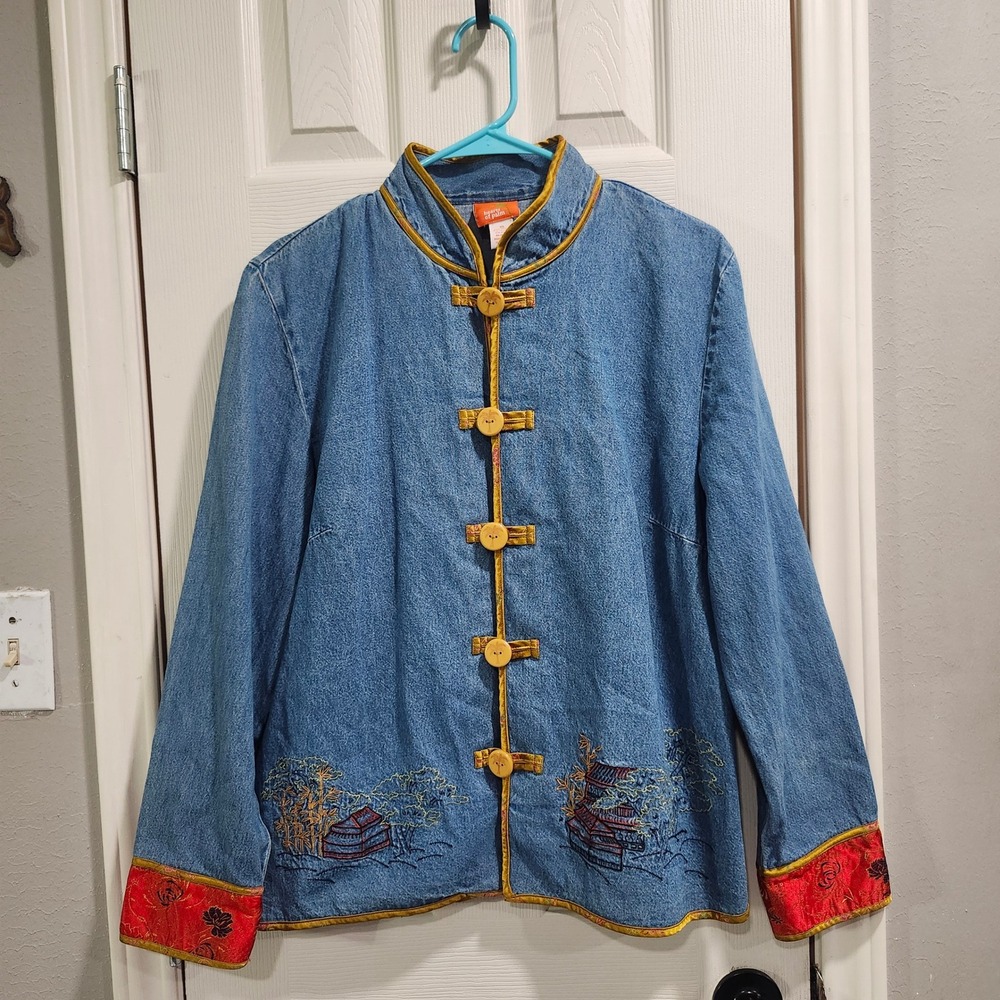 Hearts of Palm Denim Jacket Blue Embroidered Mandarin Collar Frog Button Size 10